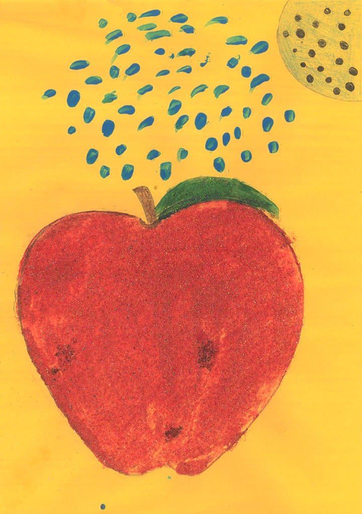 Child's painting of an apple and rain drops