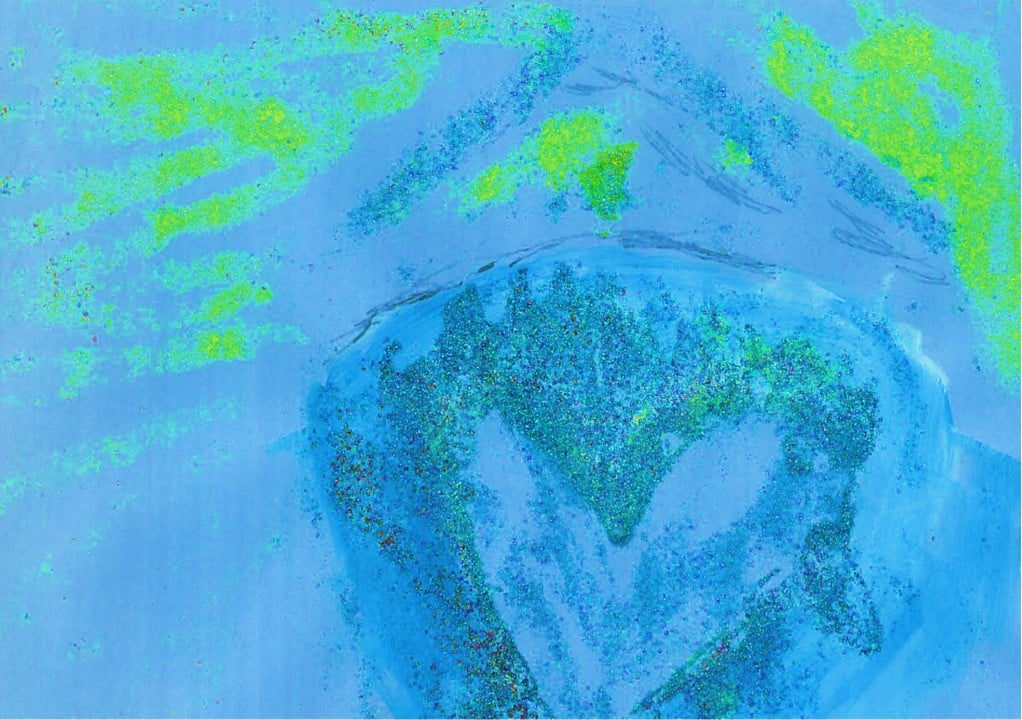 Child's painting in blues and greens