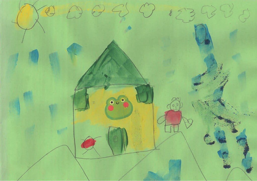 Child's painting of a house with people and a frog and bug