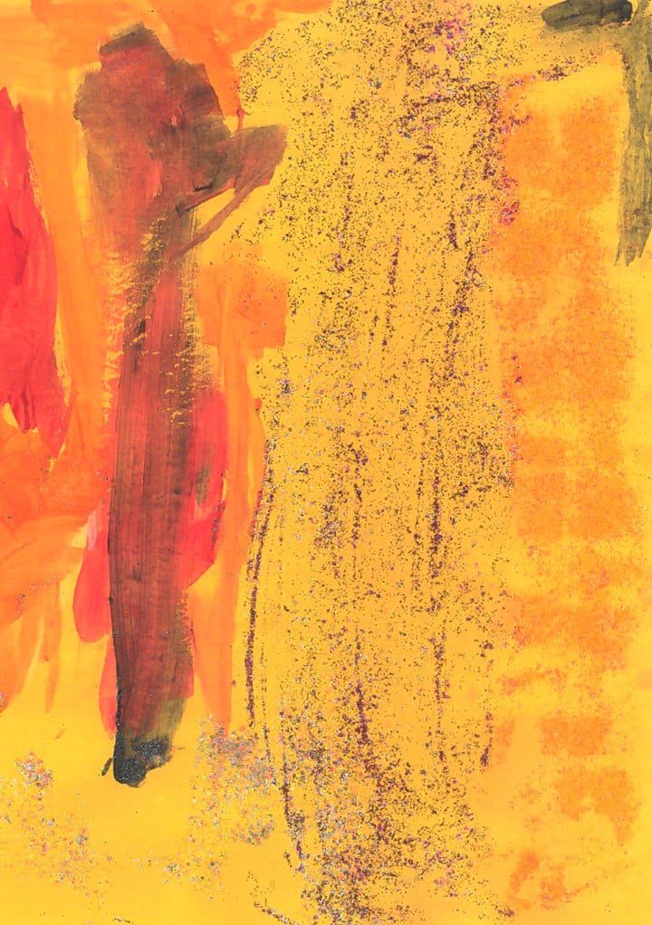 Child's painting in yellow, red, and orange