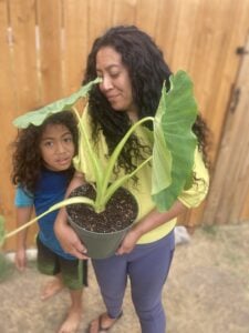 Adult and child holding a plant in a planter